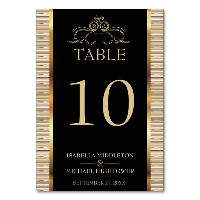 Tarjeta De Mesa Elegante negro y metal dorado (Anverso)
