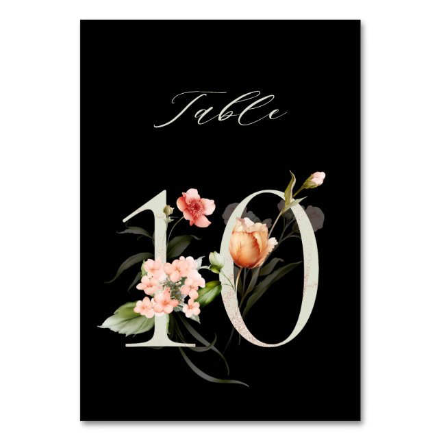 Tarjeta De Mesa Elegante número de flores botánicas 10, negro (Anverso)