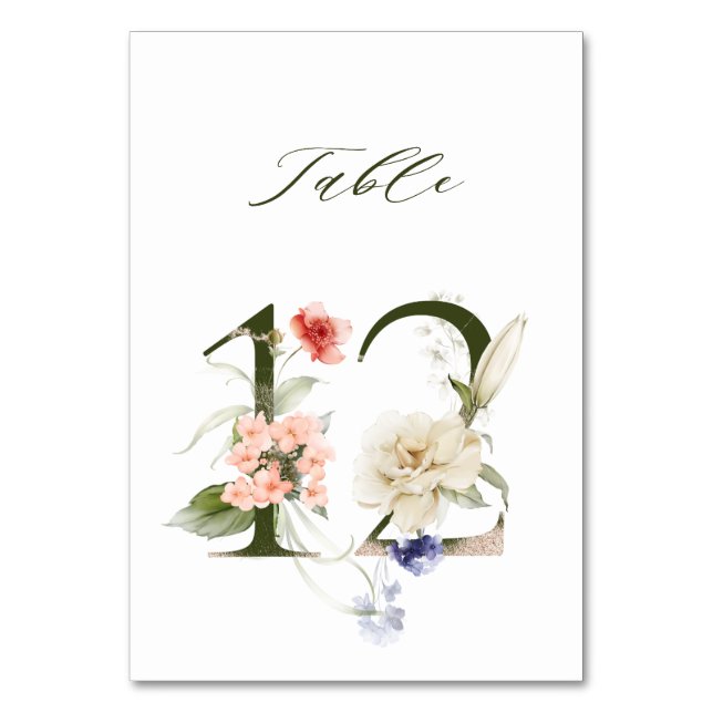 Tarjeta De Mesa Elegante número de flores botánicas 12, (Anverso)