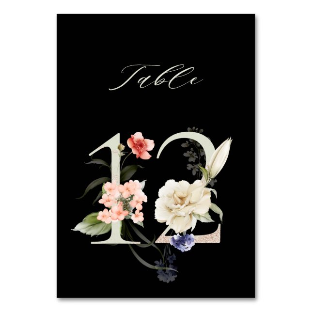 Tarjeta De Mesa Elegante número de flores botánicas 12, negro (Anverso)