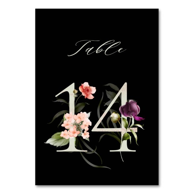 Tarjeta De Mesa Elegante número de flores botánicas 14, negro (Anverso)