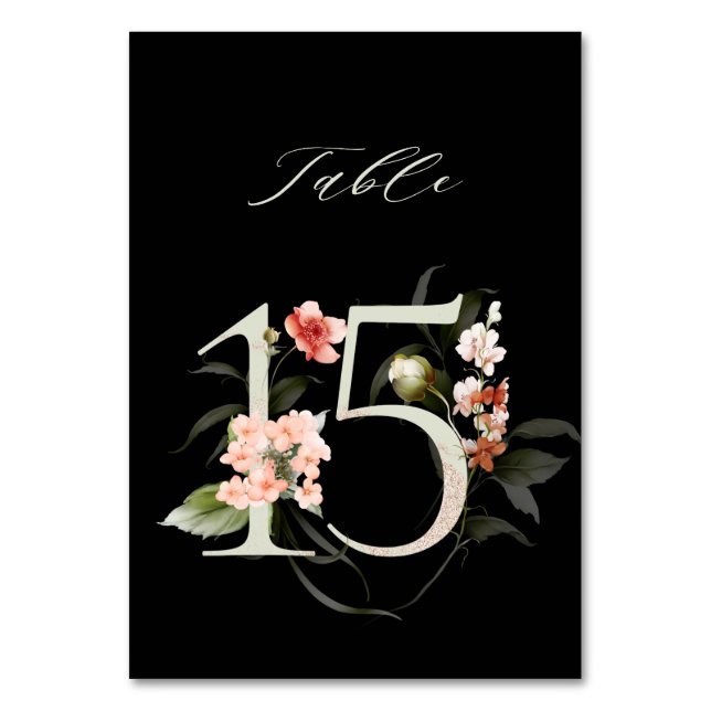 Tarjeta De Mesa Elegante número de flores botánicas 15, negro (Anverso)