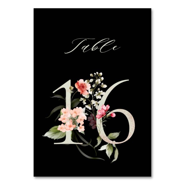 Tarjeta De Mesa Elegante número de flores botánicas 16, negro (Anverso)