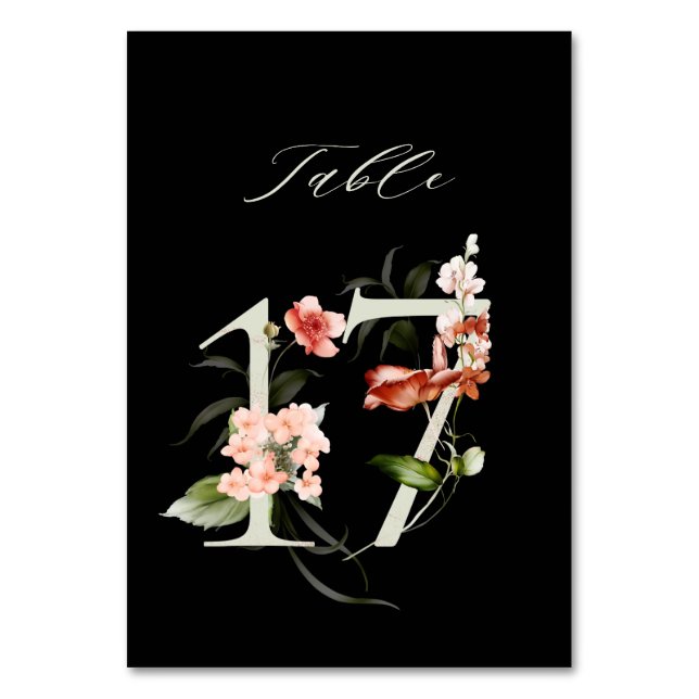 Tarjeta De Mesa Elegante número de flores botánicas 17, negro (Anverso)