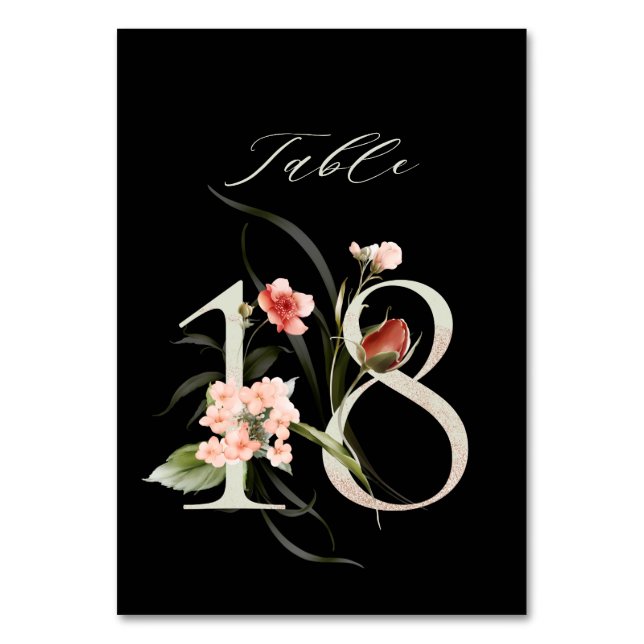 Tarjeta De Mesa Elegante número de flores botánicas 18, negro (Anverso)