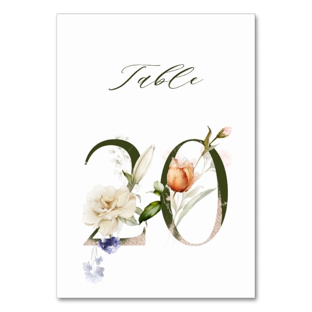Tarjeta De Mesa Elegante número de flores botánicas 20, (Anverso)