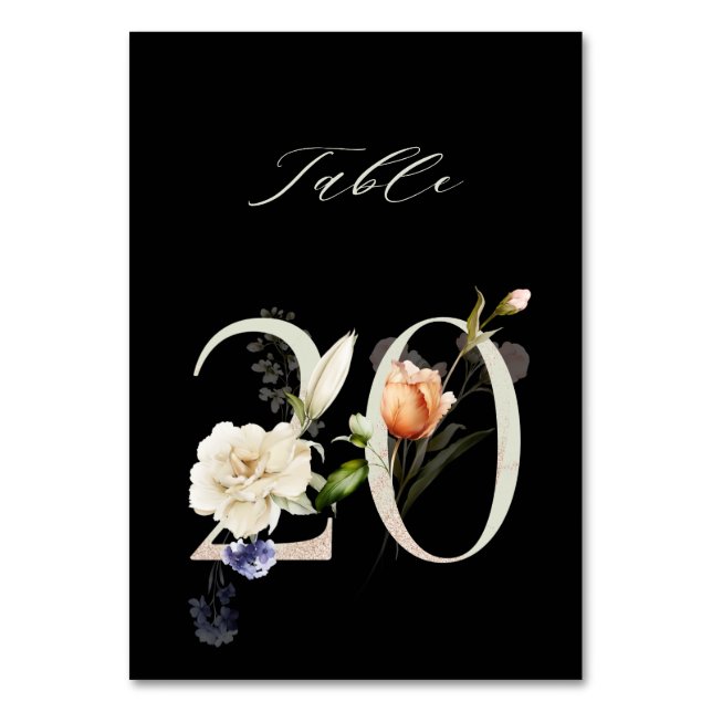 Tarjeta De Mesa Elegante número de flores botánicas 20, negro (Anverso)