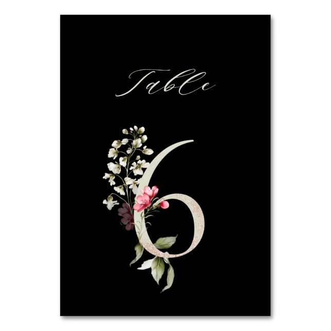 Tarjeta De Mesa Elegante número de flores botánicas 6, negro (Anverso)