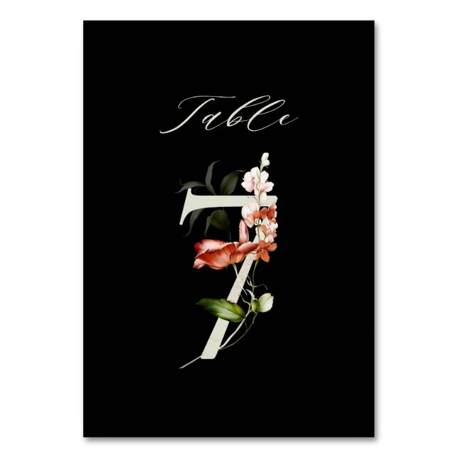 Tarjeta De Mesa Elegante número de flores botánicas 7, negro (Anverso)
