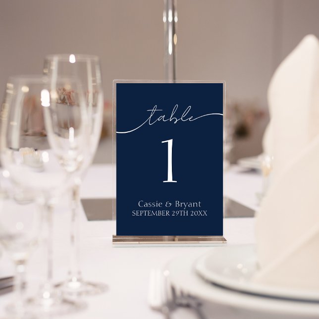 Tarjeta De Mesa Elegante número de tabla Boda azul de la Marina (Elegant Navy Blue Wedding Table Number Sign In Modern Acrylic Stand)