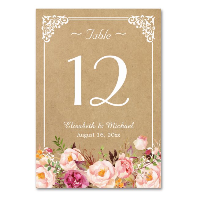 Tarjeta De Mesa Elegante número de tabla de Boda de Kraft floral f (Anverso)
