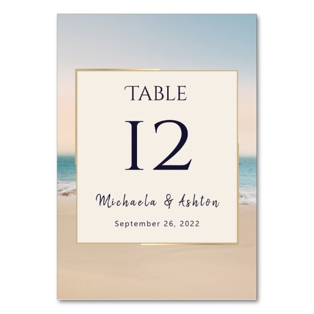 Tarjeta De Mesa Elegante número de tabla de bodas de playa (Anverso)