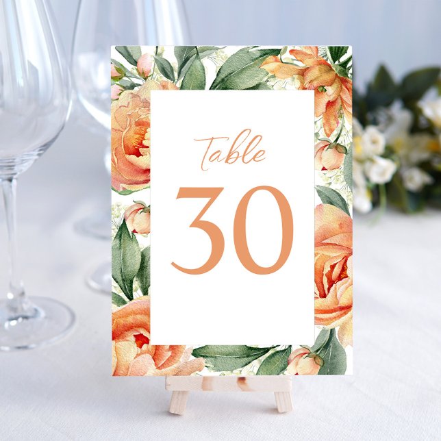 Tarjeta De Mesa Elegante número de tabla de bodas Peach Floral (Elegant watercolor wedding table number with peach and blue floral. )