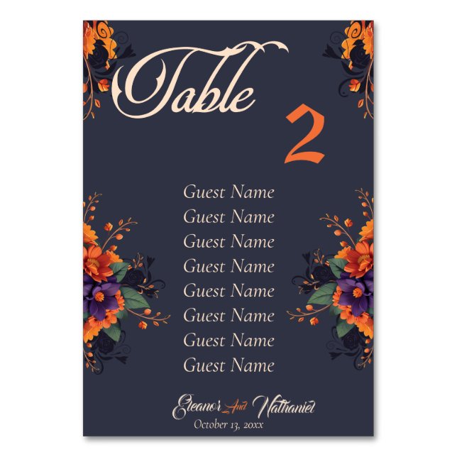 Tarjeta De Mesa Elegante número de tabla de floral gótica con tarj (Anverso)