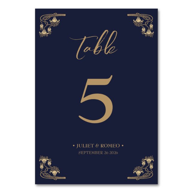 Tarjeta De Mesa Elegante oro Art Deco sobre boda azul (Anverso)