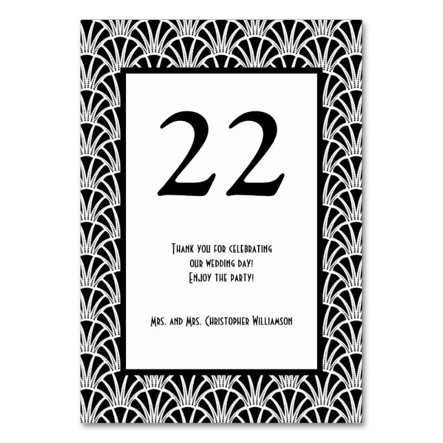 Tarjeta De Mesa Elegante Partido de Bodas de Art Deco Blanco Negro (Anverso)