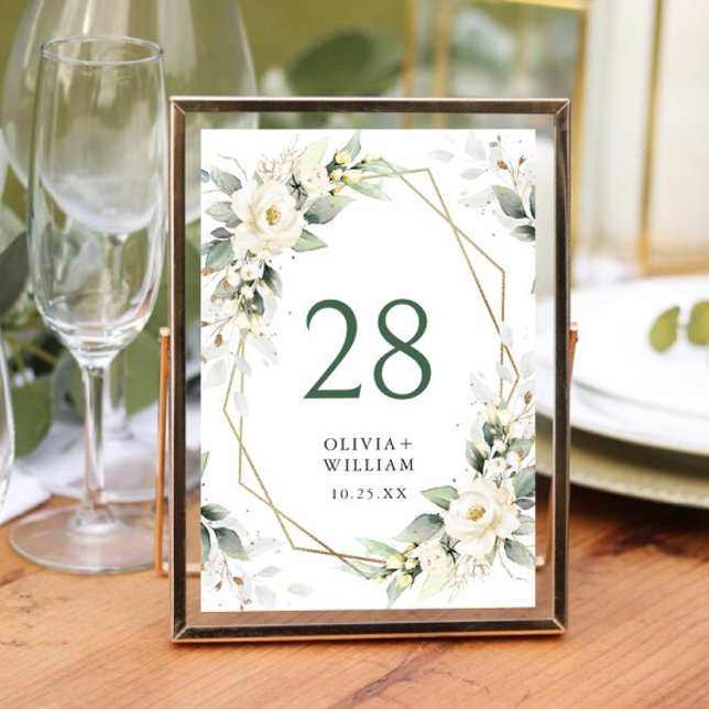 Tarjeta De Mesa Elegante Pastel Boda Eucalipto de rosas blancas (Subido por el creador)