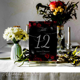 Tarjeta De Mesa Elegante Personalizado Boda floral negro y rojo