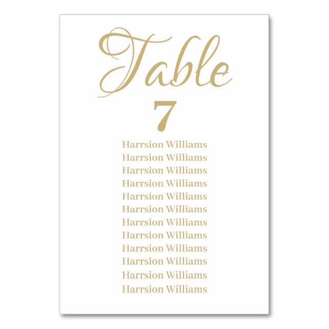 Tarjeta De Mesa Elegante personalizado de guión Boda de texto oro (Anverso)