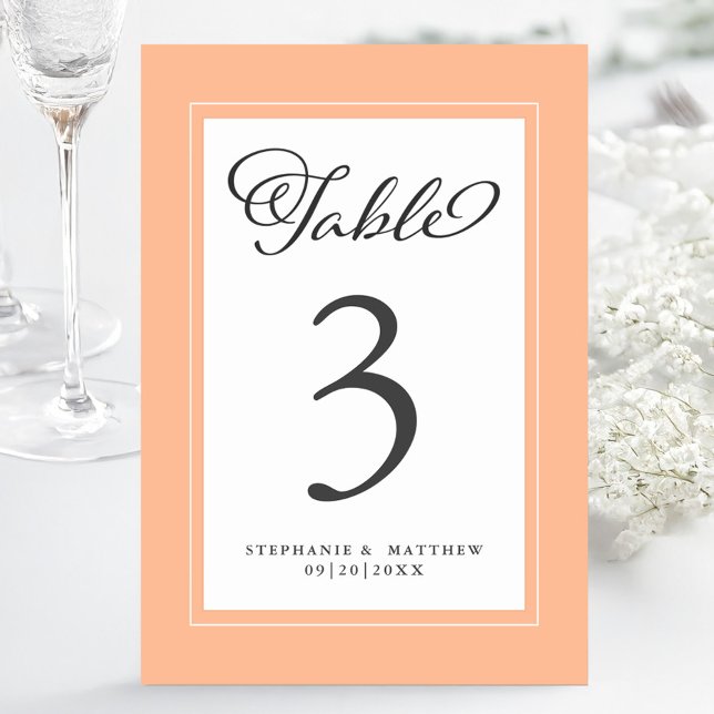 Tarjeta De Mesa Elegante Personalizado de recepción de Peach & Whi (Elegant Peach & White Wedding Reception Custom Table Number)