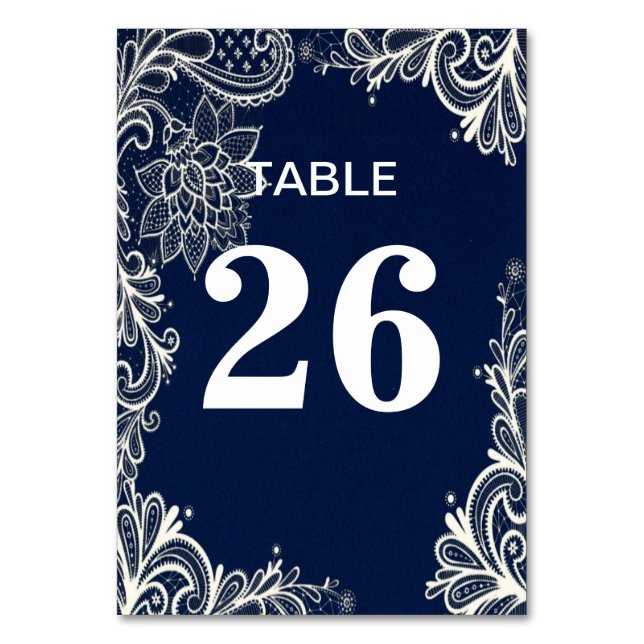 Tarjeta De Mesa elegante playa náutica encaje blanco azul marino (Anverso)