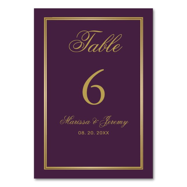 Tarjeta De Mesa Elegante Plum Gold Script Boda de caligrafía (Anverso)