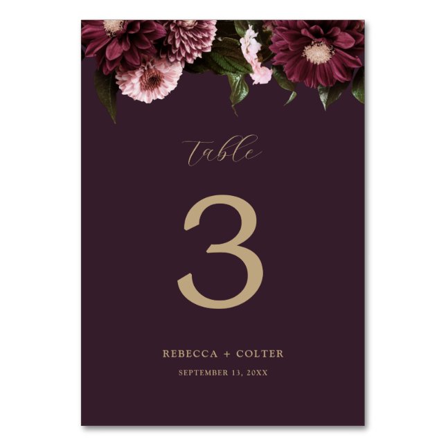 Tarjeta De Mesa Elegante Plum Purple Burgundy Boda Floral (Anverso)