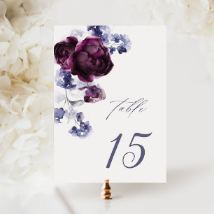 Tarjeta De Mesa Elegante Plum Purple & Indigo Blue Floral Boda