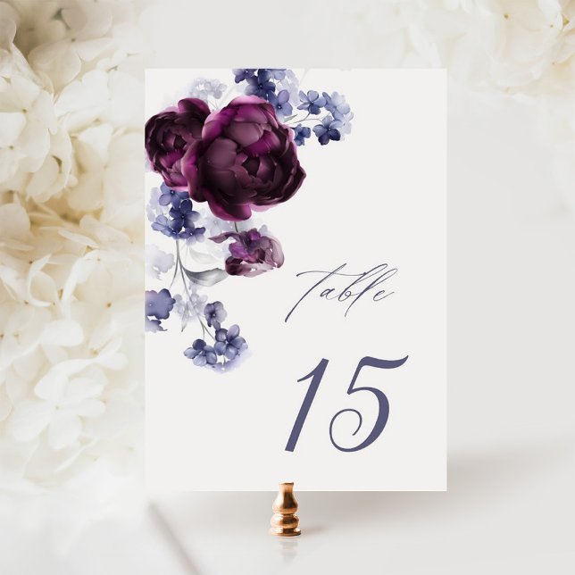 Tarjeta De Mesa Elegante Plum Purple & Indigo Blue Floral Boda (Subido por el creador)