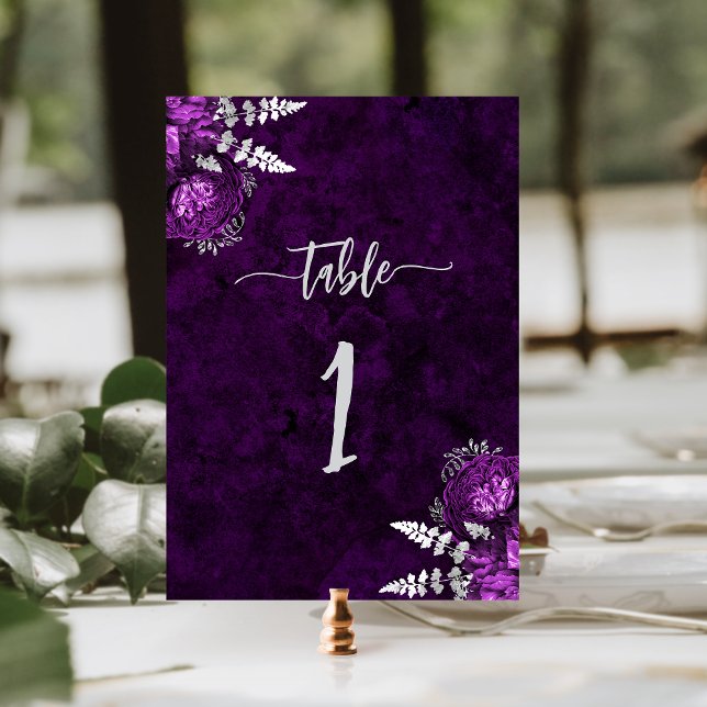Tarjeta De Mesa Elegante Plum Purple Silver Boda Floral (Subido por el creador)