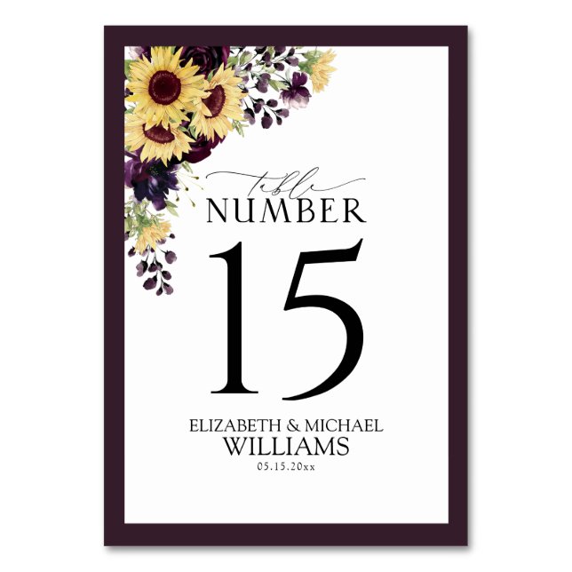 Tarjeta De Mesa Elegante Plum Purple Sunflower Acuarela Recepción (Anverso)