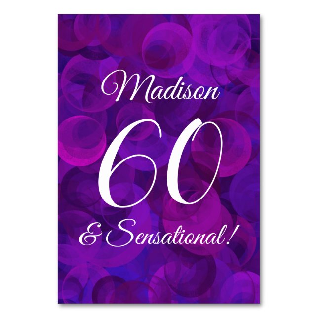 Tarjeta De Mesa Elegante púrpura 60 y fiesta sensacional de cumple (Anverso)
