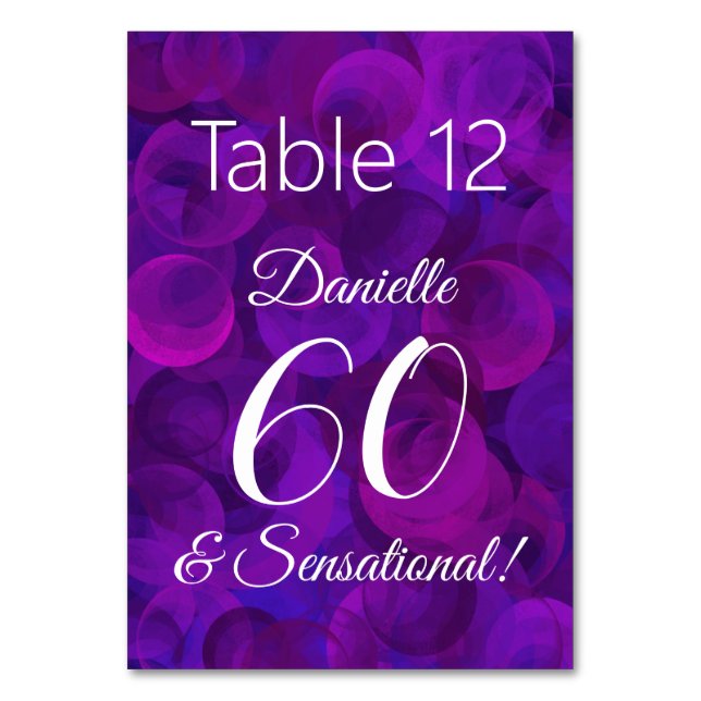 Tarjeta De Mesa Elegante púrpura 60 y fiesta sensacional de cumple (Anverso)