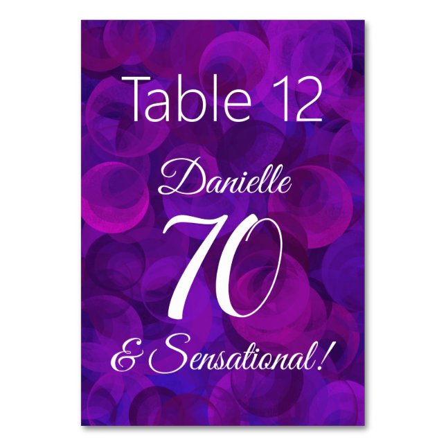 Tarjeta De Mesa Elegante púrpura 70 y fiesta sensacional de cumple (Anverso)