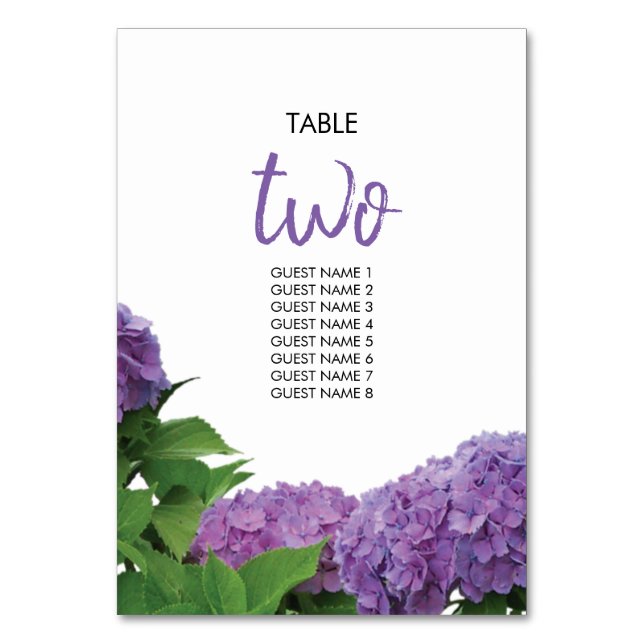 Tarjeta De Mesa Elegante púrpura Hydrangea Boda Nombres de invitad (Anverso)