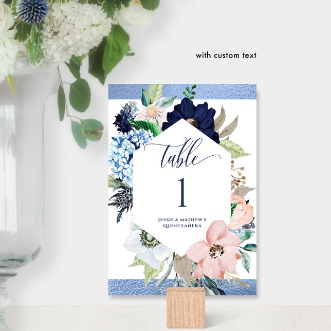 Tarjeta De Mesa Elegante Quinceañera floral azul y rosa (Subido por el creador)