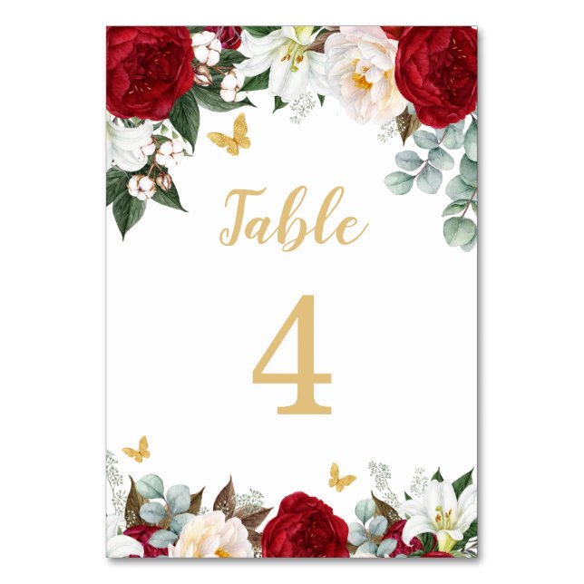 Tarjeta De Mesa Elegante Quinceañera floral roja (Anverso)