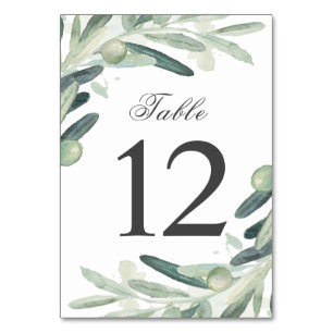 Tarjeta De Mesa Elegante rama de olivo con greenery en acuarela