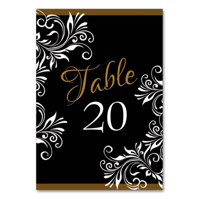 Tarjeta De Mesa Elegante recepción de Boda Negra y Oro (Anverso)
