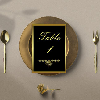 Tarjeta De Mesa Elegante recepción de Boda Negra y Oro