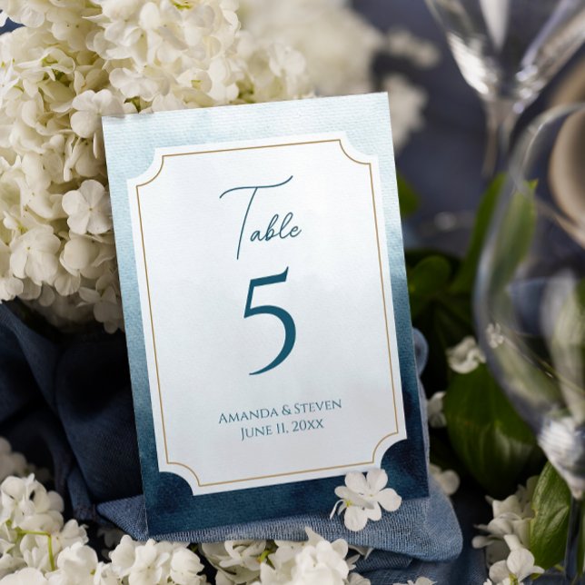 Tarjeta De Mesa Elegante recepción de Bodas Azules (Blue wedding reception table number sign)