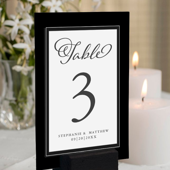 Tarjeta De Mesa Elegante recepción de bodas blancas y negras (Elegant Black & White Wedding Reception Table Number)
