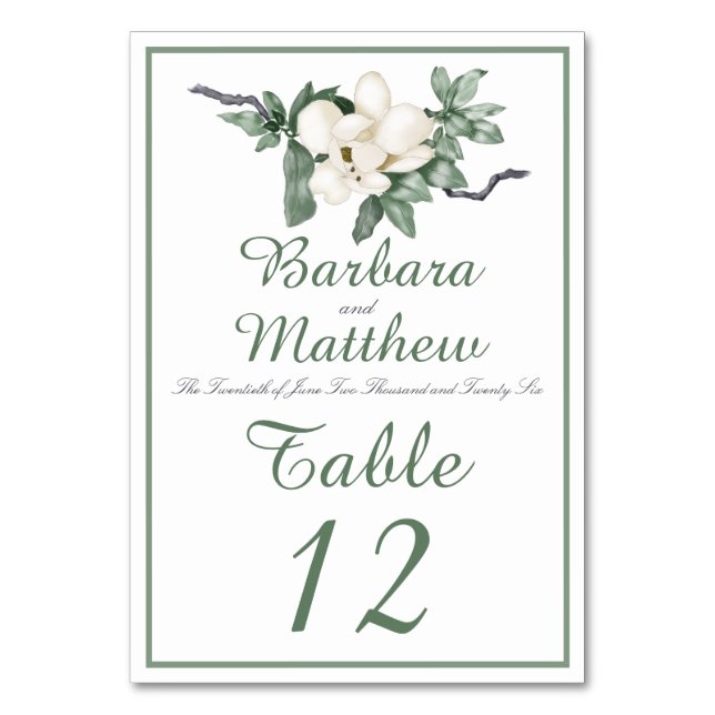 Tarjeta De Mesa Elegante recepción de Magnolia Blanca Flor (Anverso)