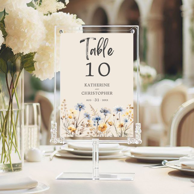 Tarjeta De Mesa Elegante recepción Dusty Blue Wildflower Wedding (BOHO Watercolor Wildflower Wedding Table Number with wedding details, blue, yellow, purple flowers.
)