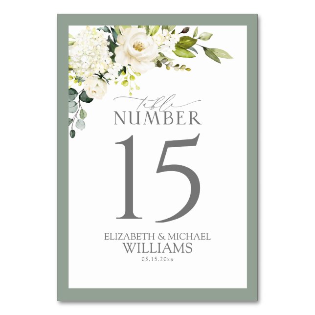 Tarjeta De Mesa Elegante recepción floral verde gris blanco (Anverso)
