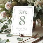 Tarjeta De Mesa Elegante Recepción Sage Green Wedding Cena formal<br><div class="desc">Wedding Table Number tabletop decor event party sign design features a classic elegance with contemporary chic sage green on a classic white background. Personalize wedding table design with your name, wedding date and table number in trendy lettering and script. The back of the card is a duplicate of the front....</div>