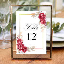 Tarjeta De Mesa Elegante Red Floral Gold Frame Boda Número de tabl