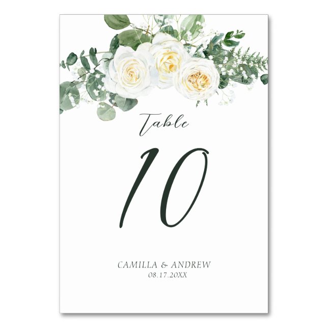 Tarjeta De Mesa Elegante Rosa Blanca Eucalyptus Boda Floral (Anverso)