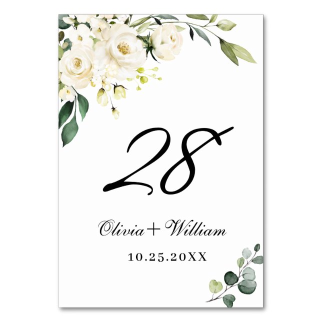 Tarjeta De Mesa Elegante Rosa Blanca Eucalyptus Boda Número de mes (Anverso)
