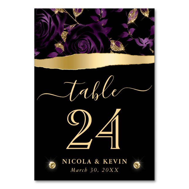 Tarjeta De Mesa Elegante Rosa  Boda Floral Purple & Gold Purpurina (Anverso)